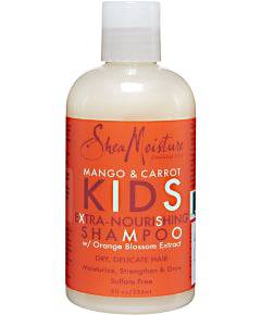 Shea Moisture Mango and Carrot Kids Extra Nourishing Shampoo bottle with colorful label and pump dispenser.