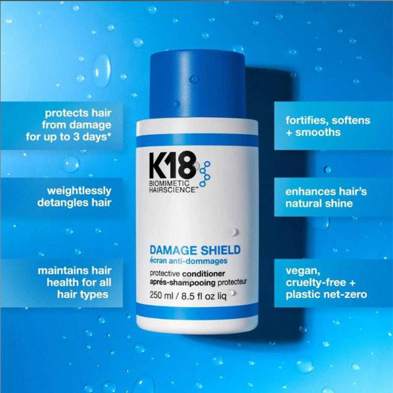 K18 Damage Shield Protective Conditioner bottle with label, showcasing the K18 brand and product name for hair damage protection.