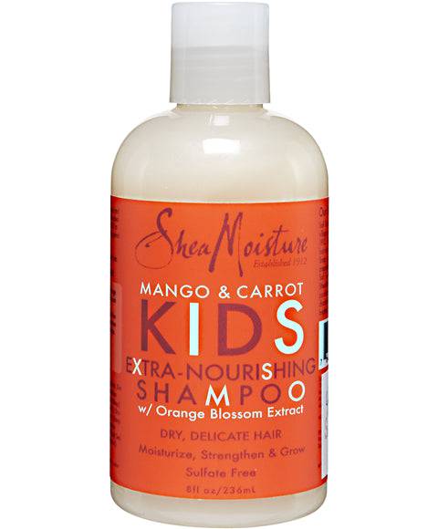 Shea Moisture Mango and Carrot Kids nourishing shampoo bottle with colorful label and pump dispenser, suitable for children&