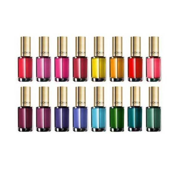 Loreal Color Riche nail polish bottle with vibrant purple shade, showcasing the colorful, glossy finish on nails.