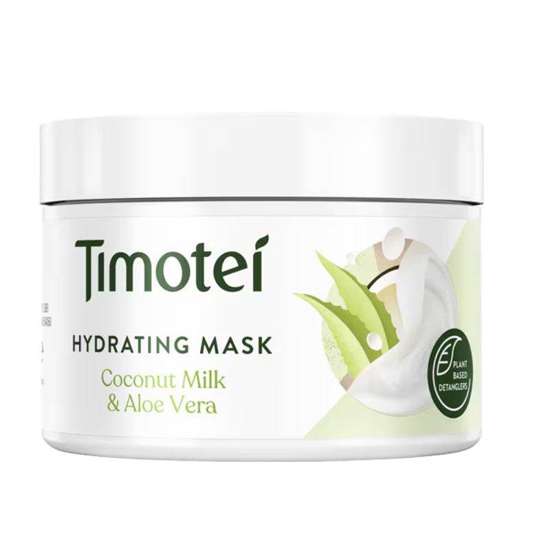 Timotei hydrating hair treatment mask with coconut milk and aloe vera, shown in a jar with a creamy texture and natural ingredients