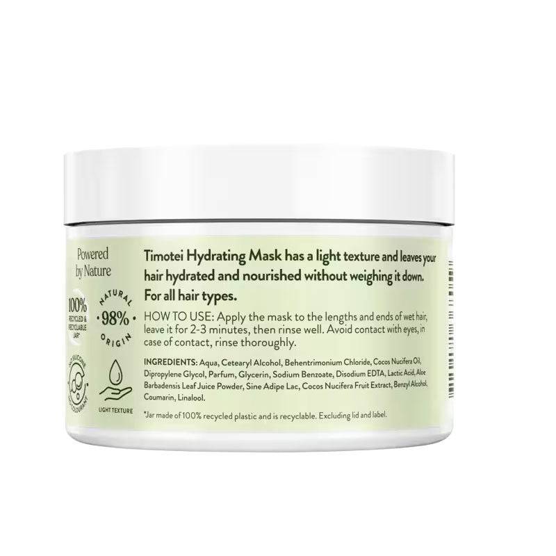 Timotei hydrating hair treatment mask with coconut milk and aloe vera, showing the product jar with natural ingredients.