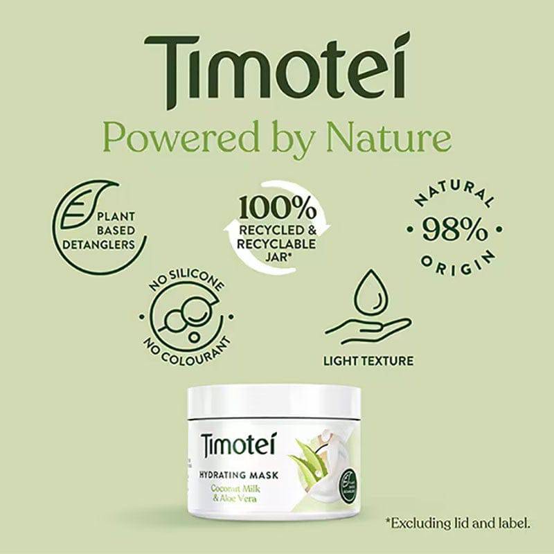 Timotei hydrating hair treatment mask with coconut milk and aloe vera, showing a jar of the nourishing hair mask.