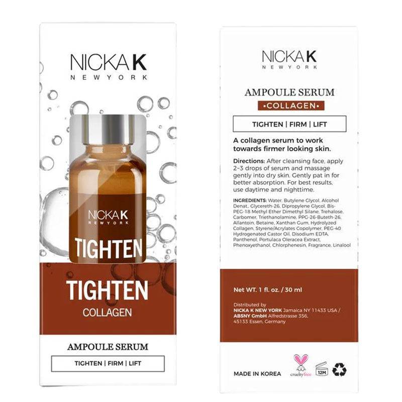 Nicka K New York Collagen Ampoule Serum moisturizer in a sleek bottle, designed to tighten and hydrate the skin.