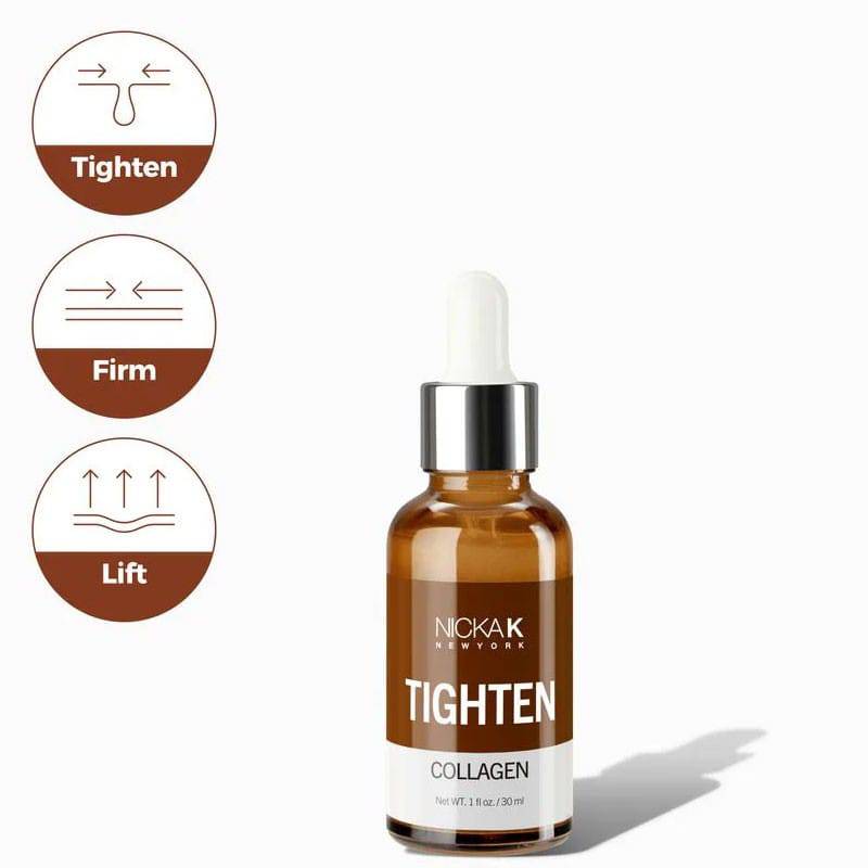 Nicka K New York Collagen Ampoule Serum moisturizer in a clear bottle with dropper, designed to tighten and hydrate skin.
