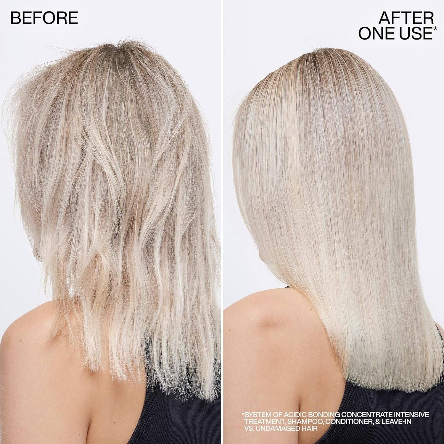 Redken Acidic Bonding Concentrate hair treatment bottle with pump for repairing and strengthening damaged hair.