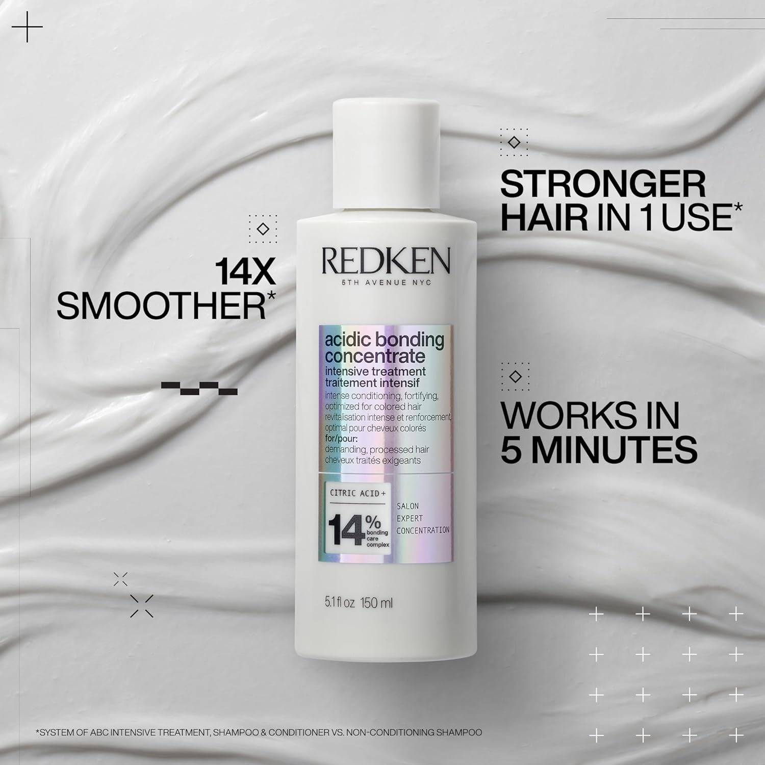 Redken Acidic Bonding Concentrate hair treatment bottle with pump for damaged, fragile hair repair and strengthening.