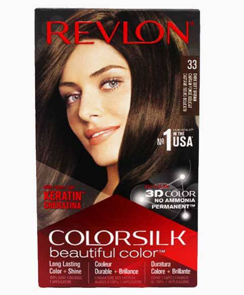 Revlon Colorsilk Permanent Hair Color in 33 Dark Soft Brown, showcasing rich, natural-looking brown hair dye.