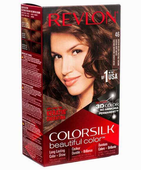 Revlon Colorsilk Beautiful Color permanent hair dye in 46 Medium Golden Chestnut Brown, showing the rich hair color and packaging.