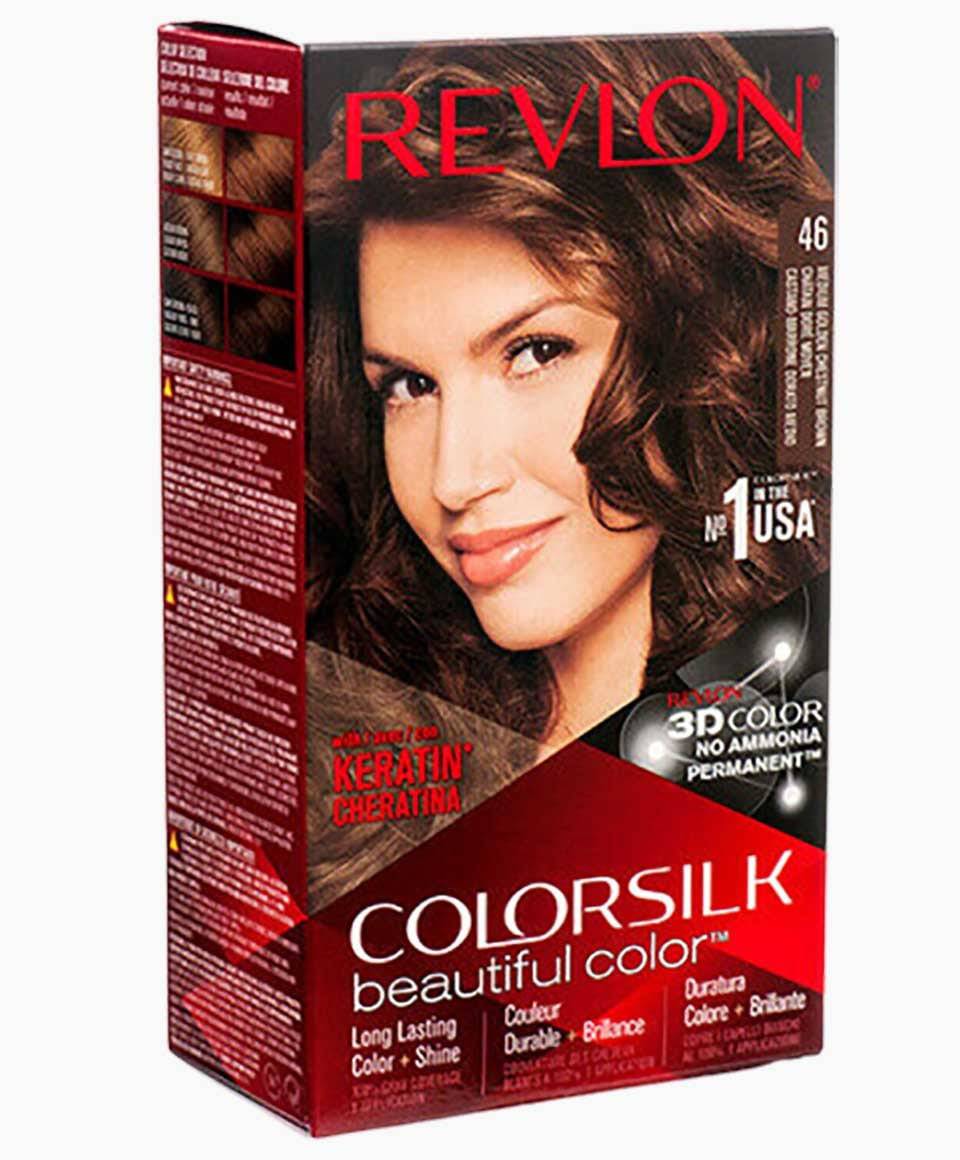 Revlon Colorsilk Beautiful Color permanent hair dye in Medium Golden Chestnut Brown, showing freshly applied hair color.