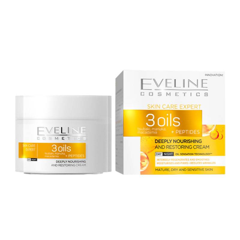 Eveline Skin Care Expert 3 Oils Deeply Nourishing Restoring Body Cream, smooth and hydrating in a white jar with a silver lid.