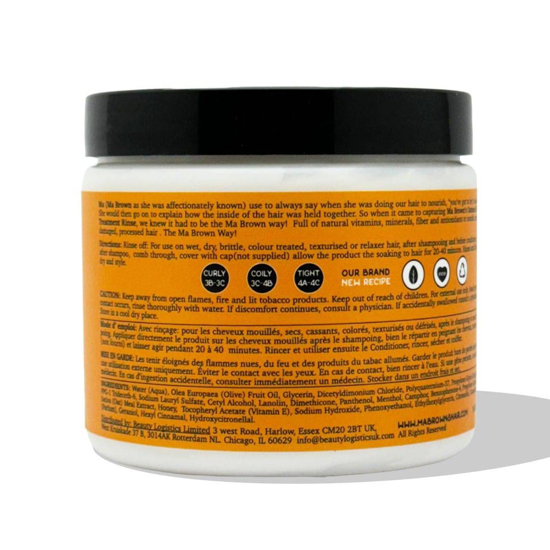 Ma Browns Protein Steam Treatment rinse with oatmeal and honey for nourishing hair care, visible in the product image.