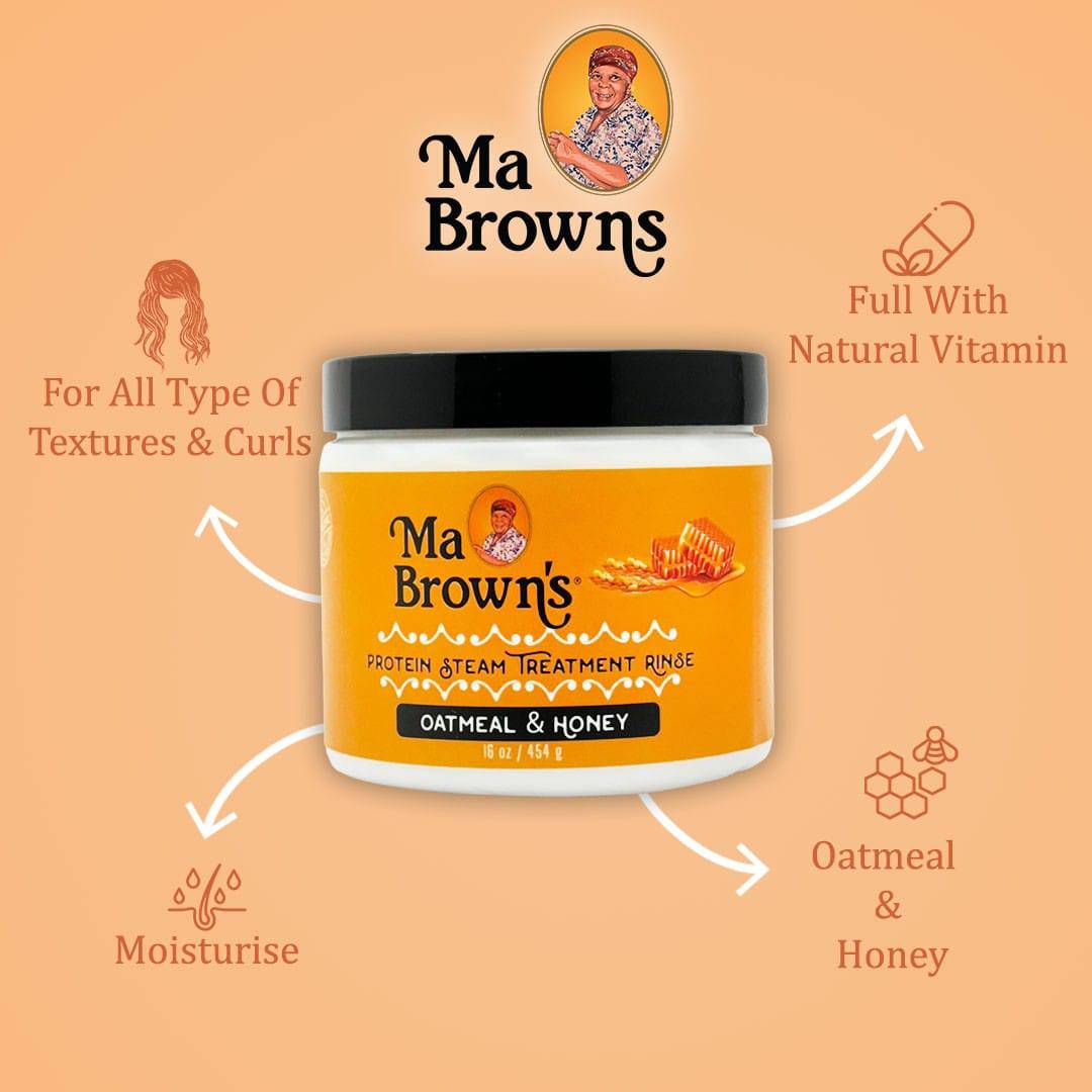 Ma Browns Protein Steam Treatment Rinse with oatmeal and honey for nourishing hair care, showing the product bottle and ingredients.
