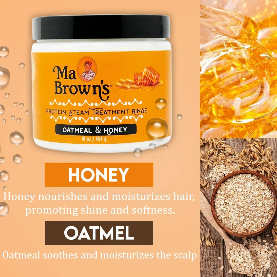 Ma Browns Protein Steam Treatment Rinse with oatmeal and honey, nourishing hair treatment in a bottle.