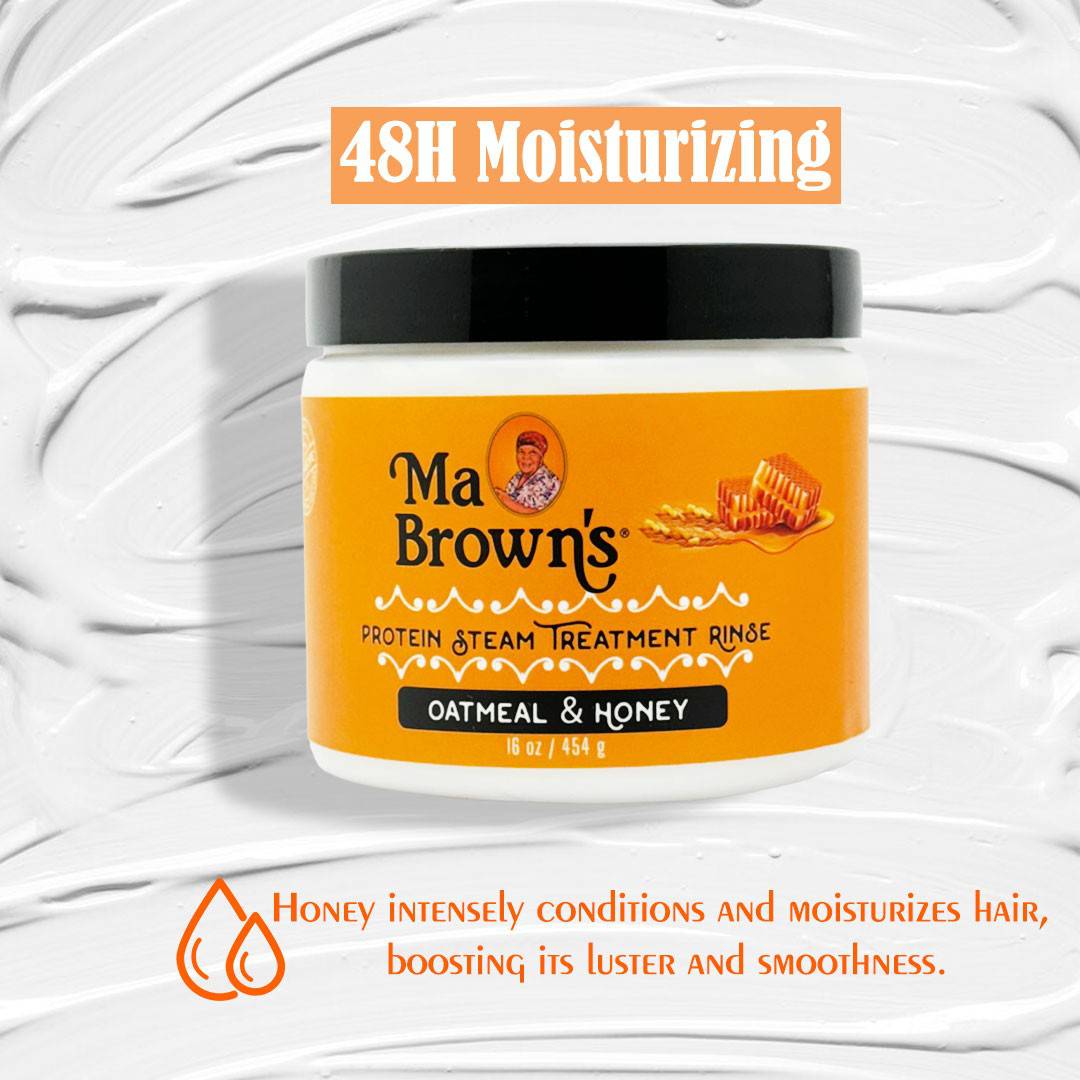 Ma Browns protein steam treatment rinse for hair with oatmeal and honey, showing a bottle of nourishing hair treatment.