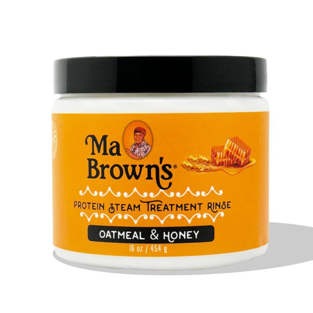 Ma Browns protein steam treatment rinse for hair, featuring oatmeal and honey, applied to healthy, shiny hair.
