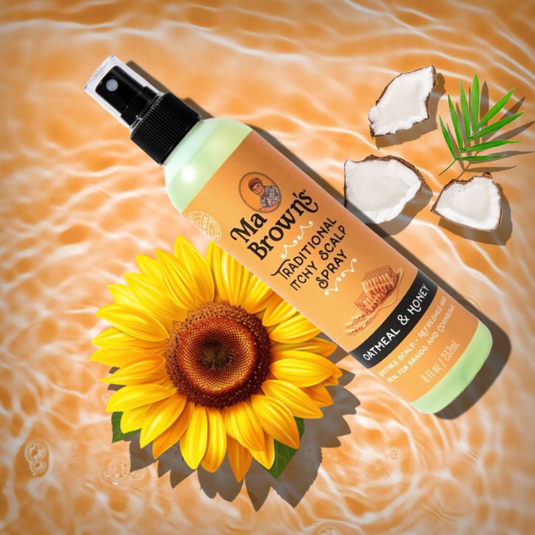 Ma Browns traditional itchy scalp spray with oatmeal and honey, hair treatment bottle with natural ingredients and spray nozzle.