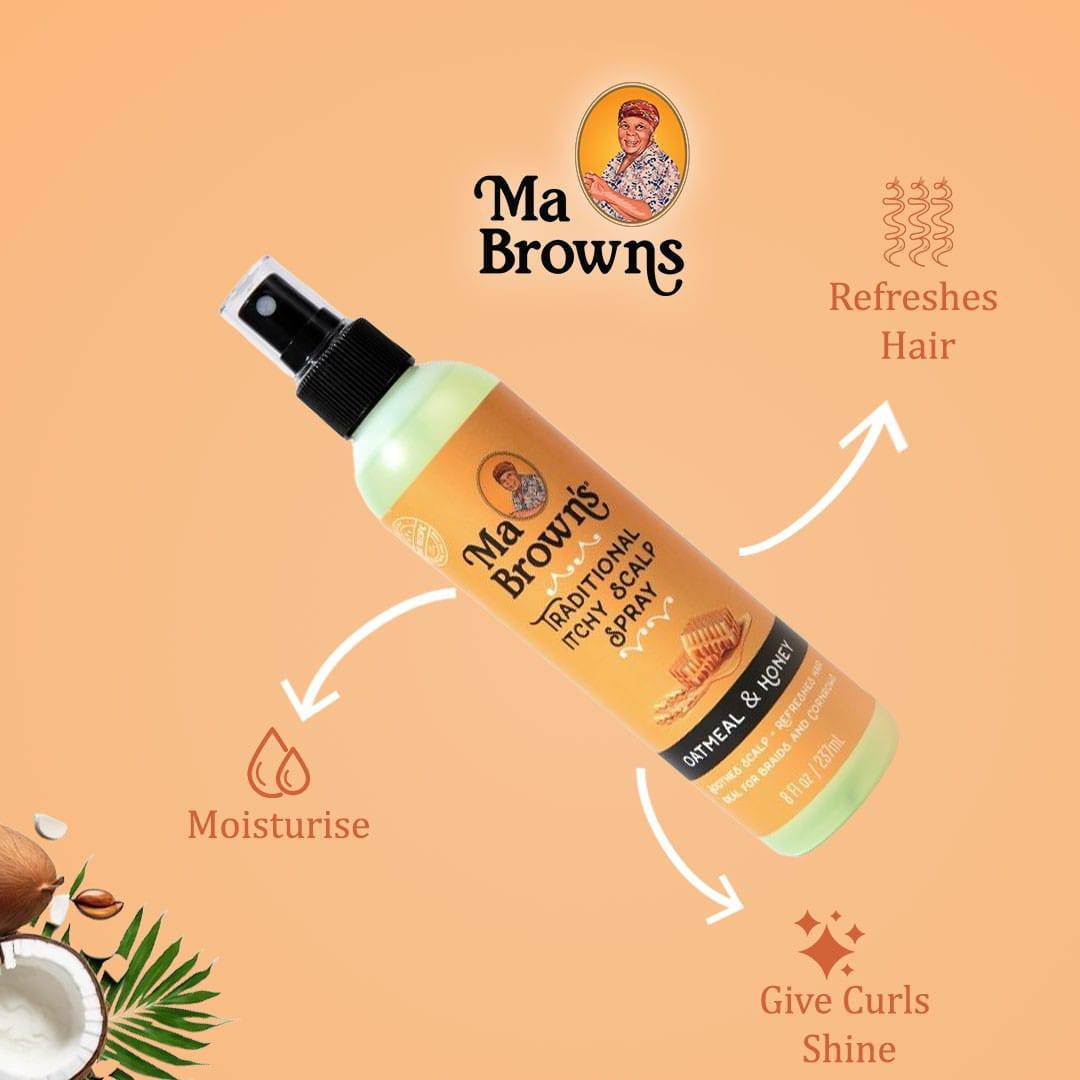 Ma Browns traditional itchy scalp spray with oatmeal and honey, featuring a spray bottle for soothing hair treatment.