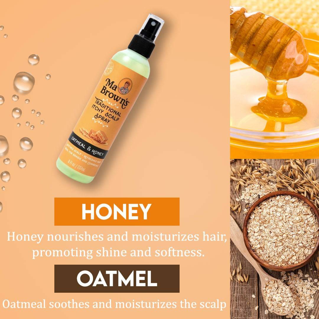 Ma Browns traditional itchy scalp hair treatment spray with oatmeal and honey for soothing scalp relief.