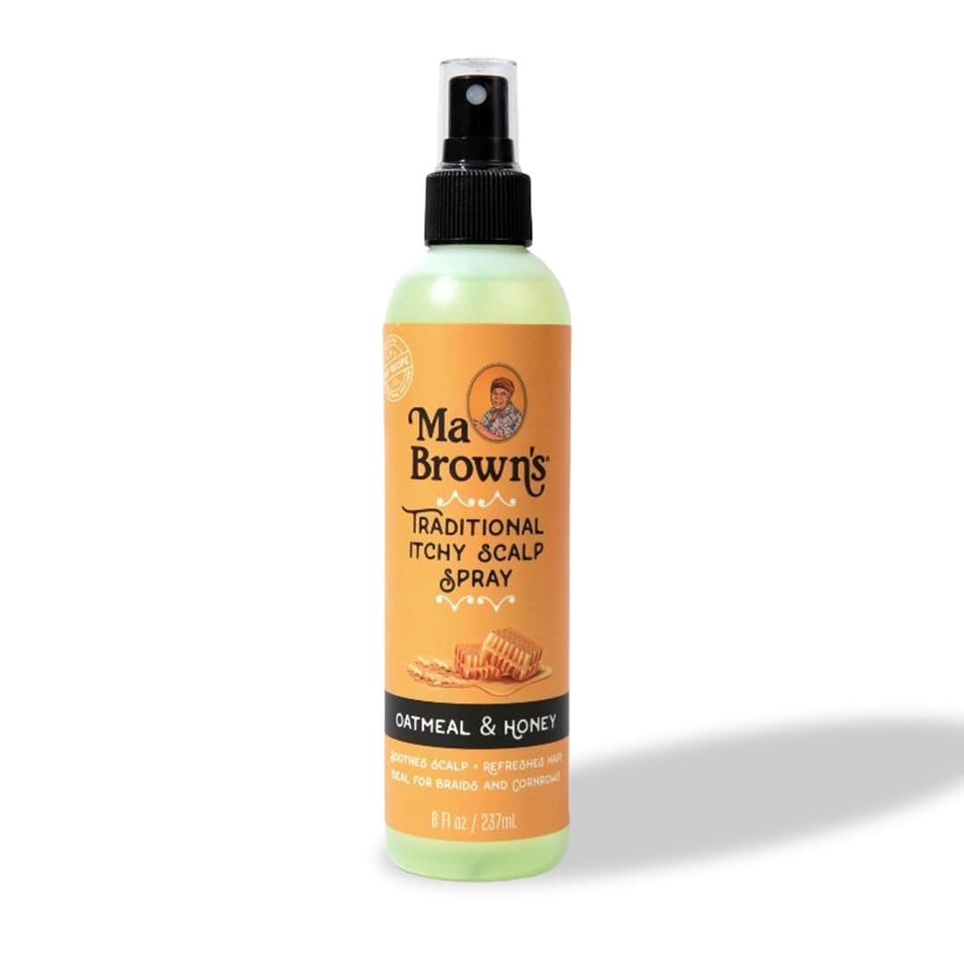 Ma Browns traditional itchy scalp spray with oatmeal and honey, featuring a bottle of hair treatment for soothing scalp relief.