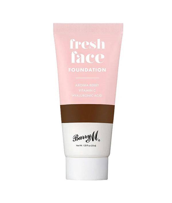 Barry M Fresh Face Liquid Foundation bottle, face makeup product with a sleek design and pump dispenser for smooth application.