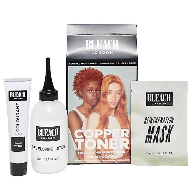 Bleach London Copper Toner hair color product, showing the vibrant copper shade in a hair toner bottle.