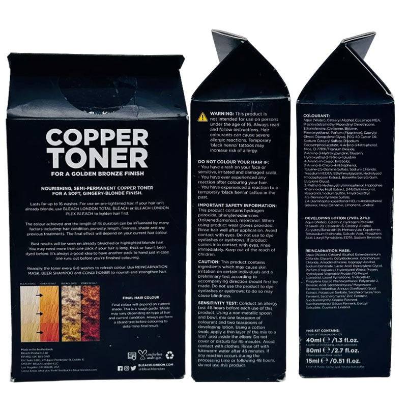Bleach London Copper Toner for hair, showcasing a vibrant copper-colored hair strand with professional hair coloring products.