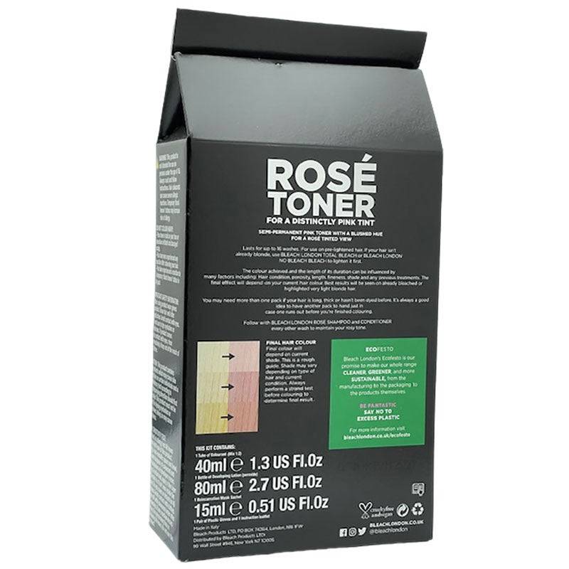 Bleach London Rose Toner for hair, showing vibrant pinkish hue and hair color application on hair strands.