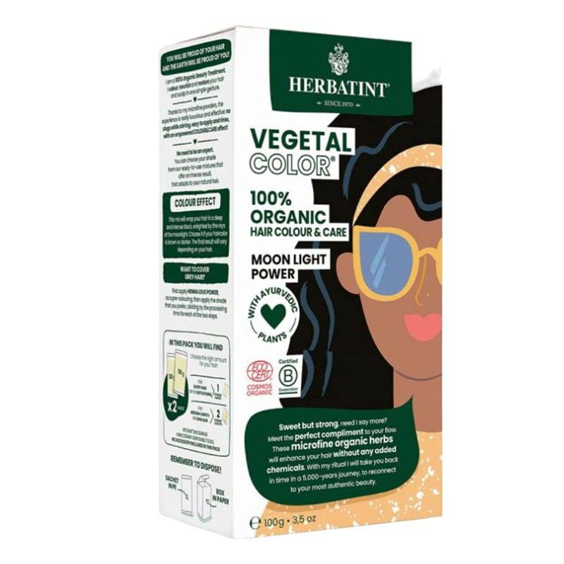 Herbatint Vegetal Organic Hair Color Moon Light Power showcasing natural hair dye and bleach in a tube with packaging.