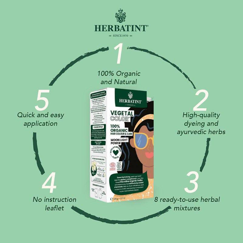 Herbatint Vegetal Organic Hair Color in Moon Light Power, natural hair dye and bleach for vibrant, eco-friendly hair coloring.