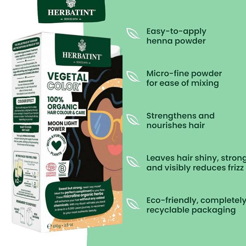 Herbatint Vegetal Organic Hair Color Moon Light Power, natural hair dye and bleach in a tube with product packaging visible.