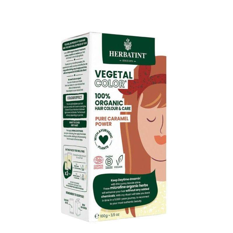 Herbatint Vegetal Organic Hair Color in Pure Caramel Power, natural hair dye and bleach, showing rich caramel shade on hair