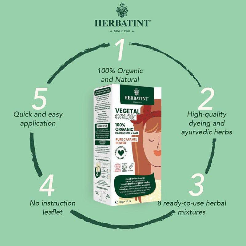 Herbatint Vegetal Organic Hair Color in Pure Caramel Power, natural hair dye and bleach for rich caramel shade.