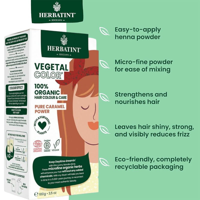 Herbatint Vegetal Organic Hair Color Pure Caramel powder, natural hair dye and bleach for rich caramel shade.