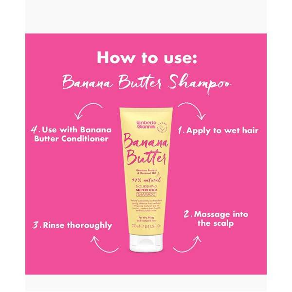 Umberto Giannini Banana Butter Coconut Oil nourishing shampoo bottle with label and pump dispenser, set on a white background.