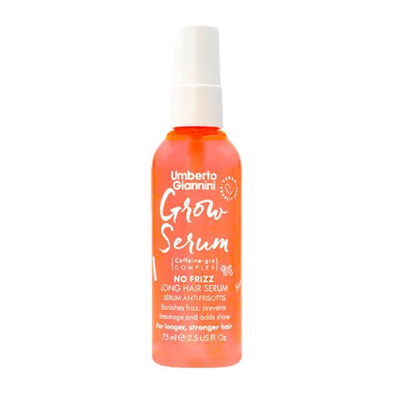 Umberto Giannini Grow No Frizz Styling Serum in a clear bottle, designed to reduce frizz and smooth hair as part of a hair treatment.