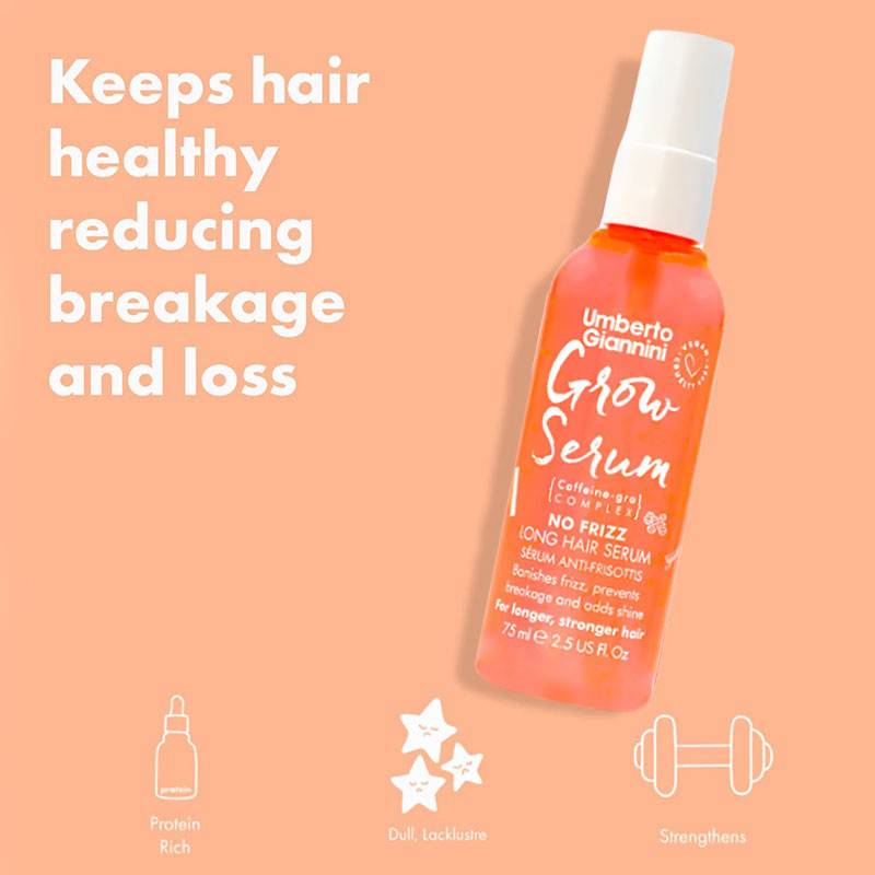 Umberto Giannini Grow No Frizz Styling Serum bottle for hair treatment with pump dispenser, smooths and controls frizz.