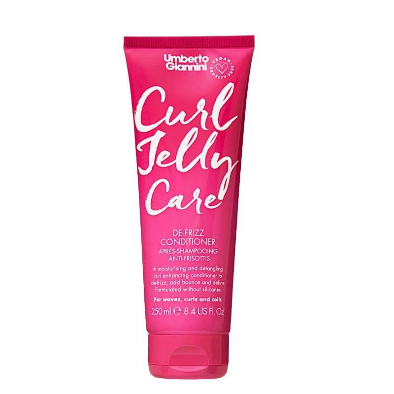 Umberto Giannini Curl Jelly Care Defrizz Conditioner bottle with product label and curly hair imagery.
