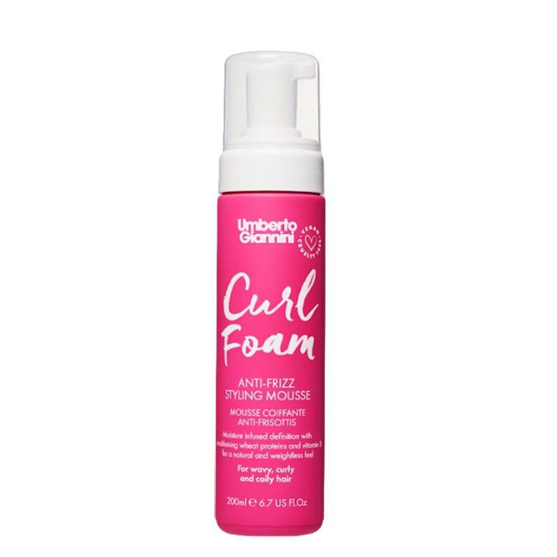 Umberto Giannini Curl Foam Anti-Frizz Styling Mousse bottle with curly hair illustration, showcasing the hair serum and styling mousse.