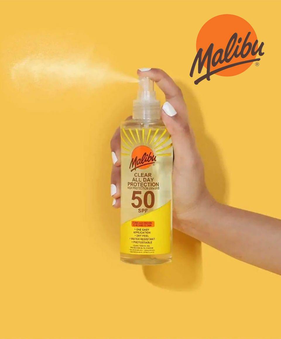 Malibu Clear Protect Spray SPF50 for sun protection and tanning, visible in the image with the spray bottle and sun protection label.