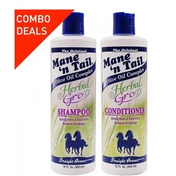 Mane N Tail Herbal Gro Shampoo and Conditioner set with bottles featuring green and white labels, designed for healthy hair care.