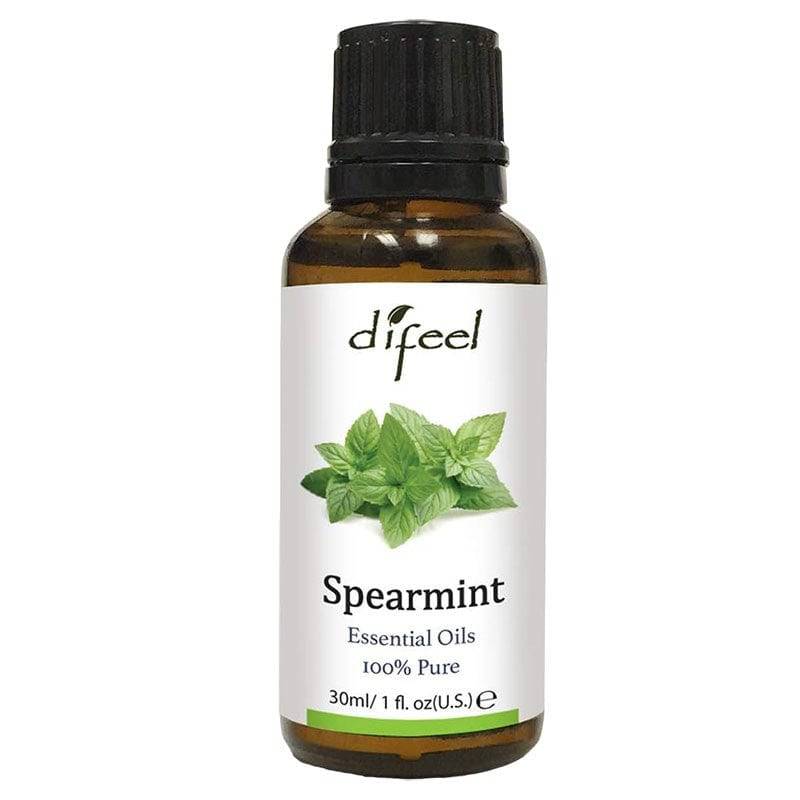 Difeel Spearmint Essential Oil for hair treatment, with a clear bottle showing fresh spearmint leaves on the label.