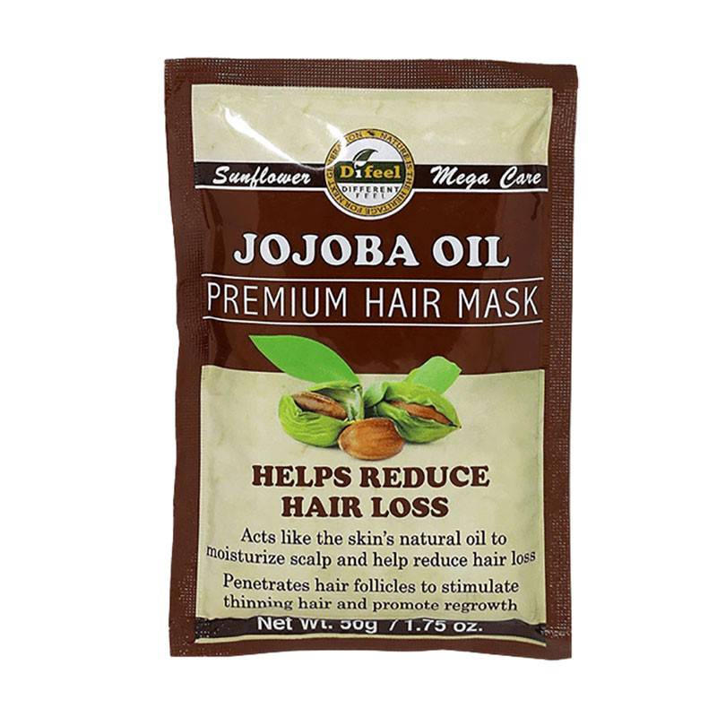 Difeel Jojoba Oil hair treatment sachet showing creamy hair mask for nourishing and moisturizing hair care.