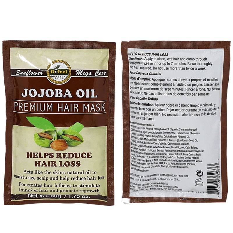 Difeel Jojoba Oil premium hair treatment mask sachet for nourishing and moisturizing hair care.