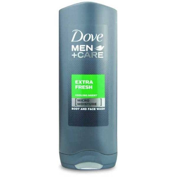 Dove Men Care Extra Fresh Body and Face Wash in a pump bottle, designed for cleansing face and body during bath and shower.