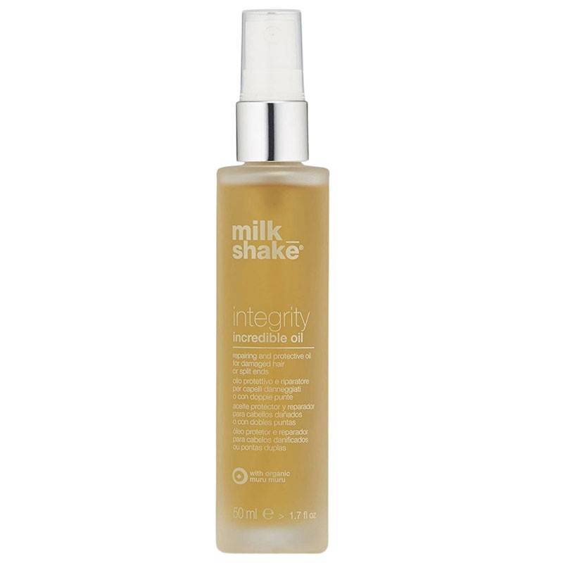 Milk Shake Integrity Incredible Oil hair treatment bottle with pump, designed to nourish and strengthen all hair types.