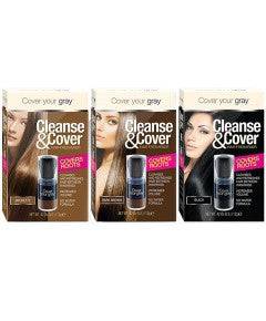 Cover Your Gray Cleanse And Cover Hair Freshener covers roots with a hair color and bleach product, showing the bottle and application area.