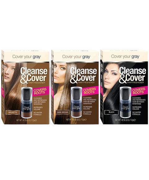 Cover Your Gray Cleanse and Cover Hair Freshener covers roots with a hair color and bleach product in a sleek bottle.