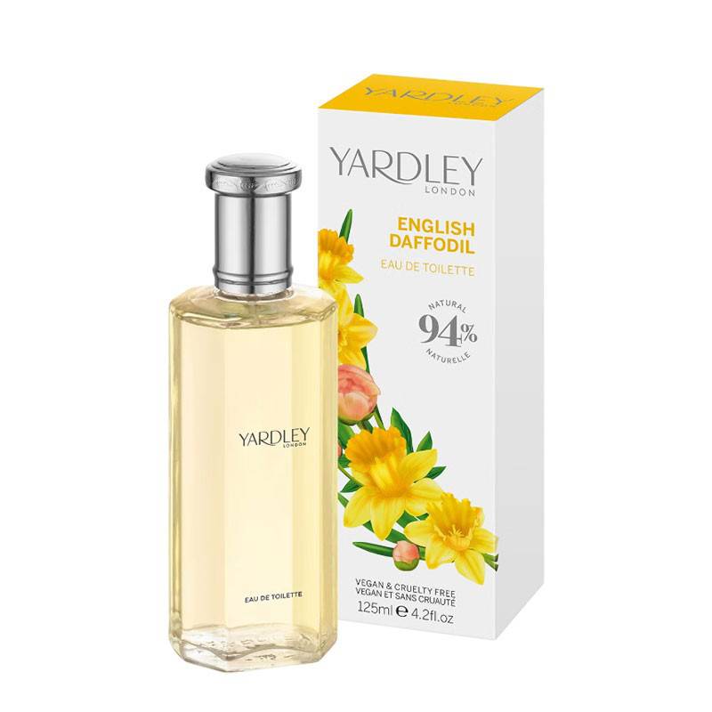 Yardley English Daffodil Eau De Toilette bottle with floral design, showcasing a bright yellow daffodil theme.