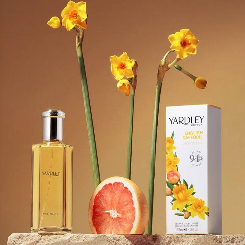 Yardley English Daffodil Eau De Toilette bottle with floral design, showcasing fresh daffodil fragrance for her.